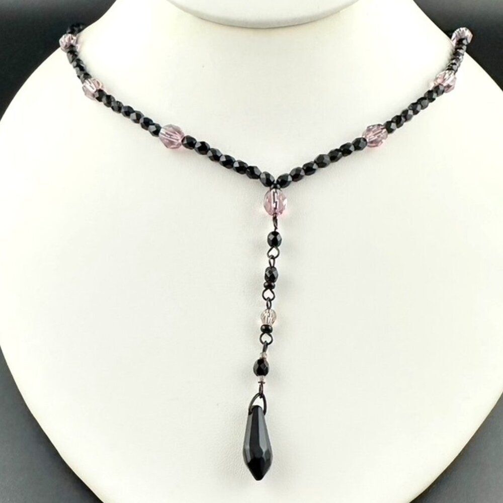 Agatha Paris Black & Purple Glass Beaded Lariat Necklace - Vintage Retro style - Picture 2 of 6